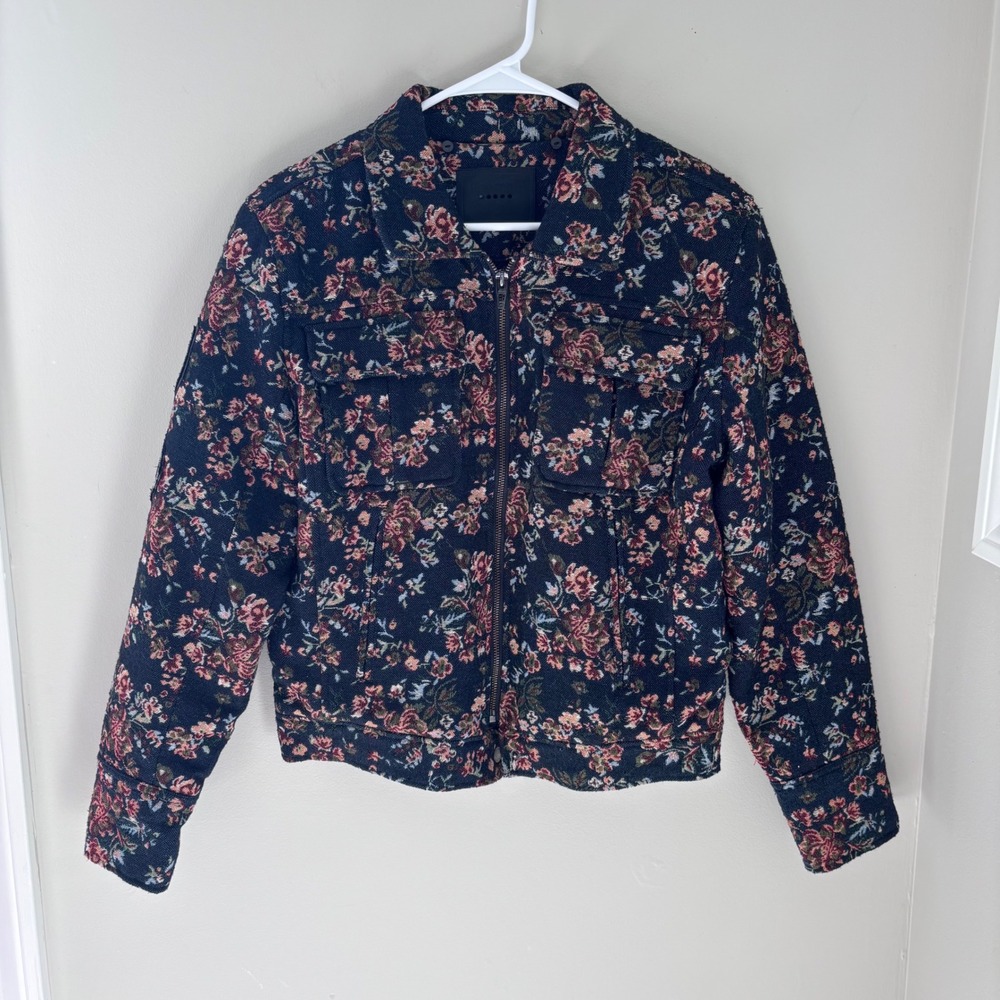 BLANKNYC Floral Tapestry Trucker Jacket Black Multi Woven Quilted Zip Up Medium